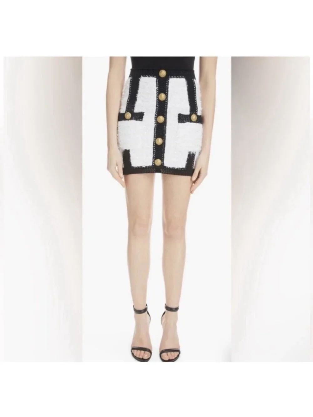 Balmain Paris Authentic Black White Boucle Knit Mini Skirt Lion Buttons Small